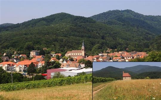 Steinbach, vu du plateau de la Lohe (avec, en médaillon, la chapelle Saint-Morand).